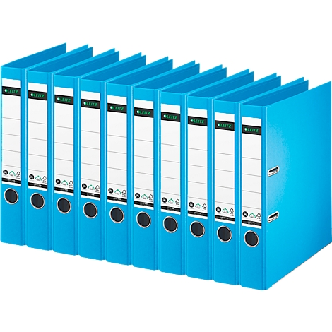 Row of turquoise binders, with white labels and black lettering. A logo on the left.