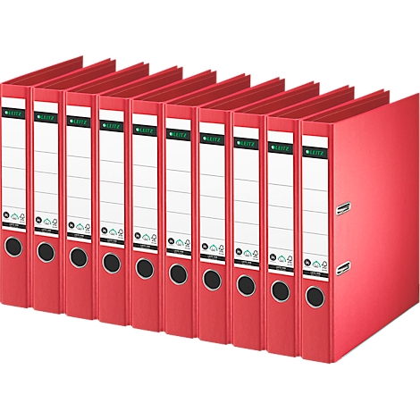 Red file folders arranged side by side. White labels with green accents stand out.