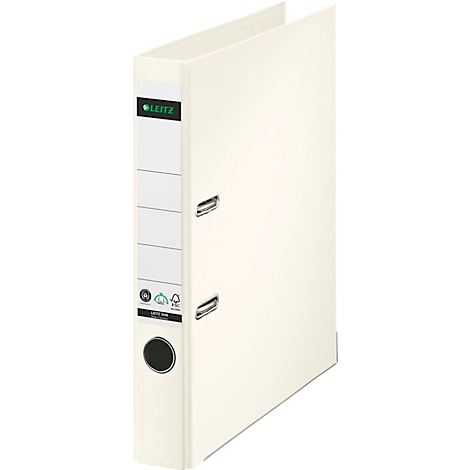 Ivory Leitz binder. The spine has the Leitz logo, space for labeling, and a hole.