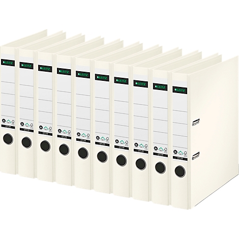 Eight cream-colored binders, lined up side by side. They have black rings and the 'LEITZ' logo.