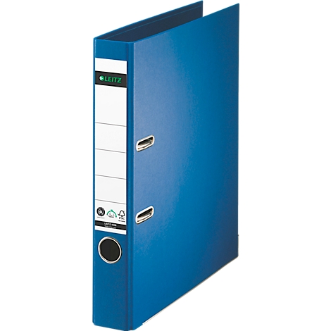 Blue Leitz binder, with a white label field and silver metal rings.