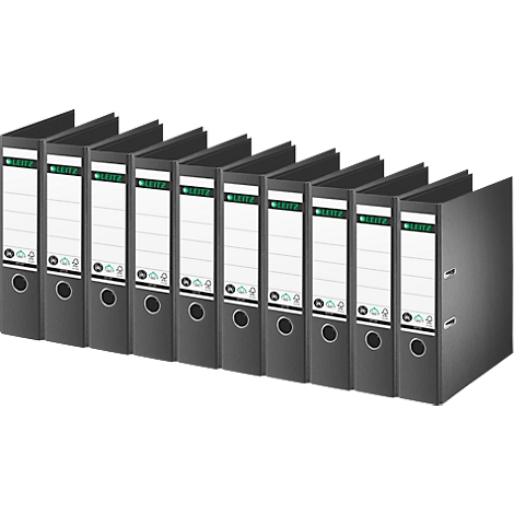 Row of black file folders with white labels and the Leitz logo.