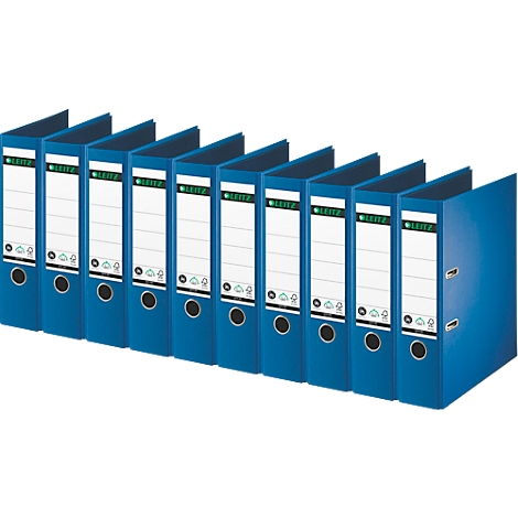 Blue file folders in a row; white labels, black rings, the label "Leitz".