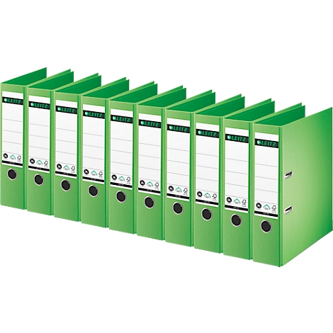 Row of green file folders with white label and black clasp.