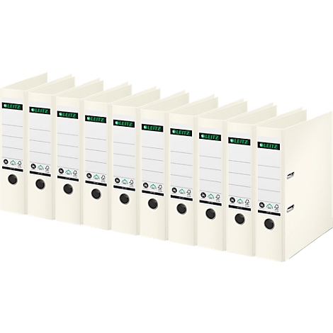 Row of white office binders, labeled with the green „LEITZ“ logo.