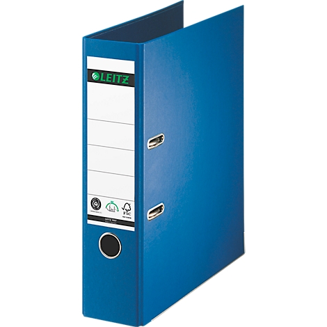 Blue Leitz binder with white label, logo, and handle openings. The binder stands upright.