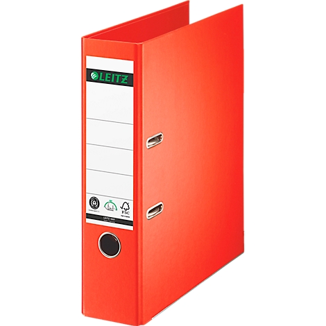 Red Leitz file folder, open. Stickers with logos.