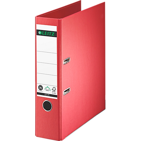 Red open binder. The Leitz brand logo is visible on the front.