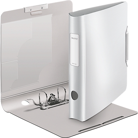 Grey file folder with metal clips, partially open. The folder has white lettering "LEITZ".