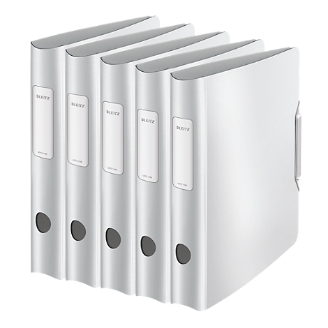 Five white file folders side by side. Each folder has a label with "Leitz" on it.