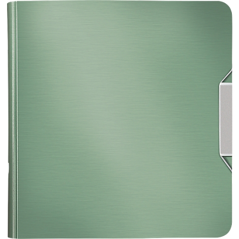 Light green book with silver metal strip and clasp. The surface of the book has a fine texture.