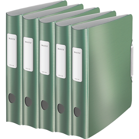 Five green binders with white labels. The binders are standing next to each other, the Leitz logo is clearly visible.