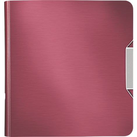 A burgundy-colored binder with a slightly textured surface and a white name tag.