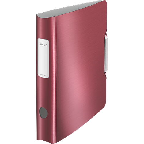 Red binder with metallic finish, white label and gray closure.