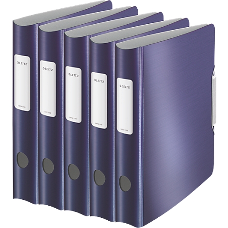 Five blue binders stand next to each other. Each binder has a white label with the brand logo 'Leitz'.