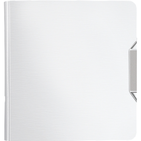 White notebook with metal clasp.