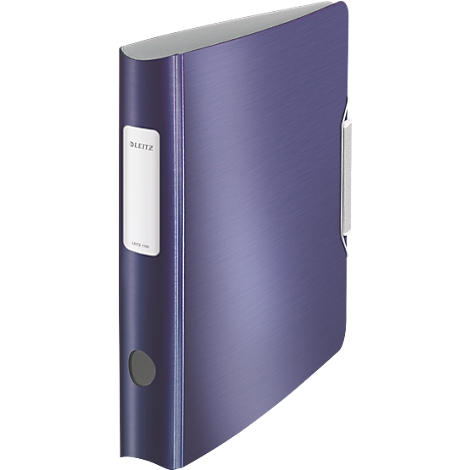 Blue binder with white label and metal clasp.