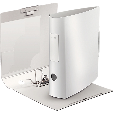 White binder, open, against a white background. Metal mechanism and black button visible.