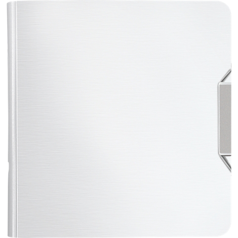 White notebook with metallic bracket. Textured surface, slight reflections.