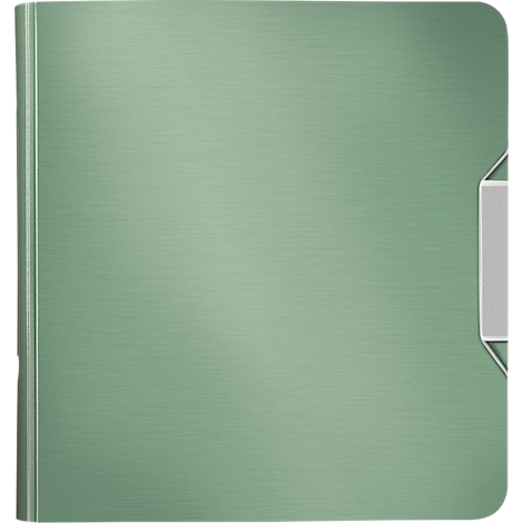 Light green folder with metallic clasp. Horizontal fine line structures cover the surface.