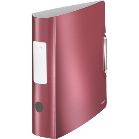 Red binder with smooth surface. On the left side is a white label and a grey button.