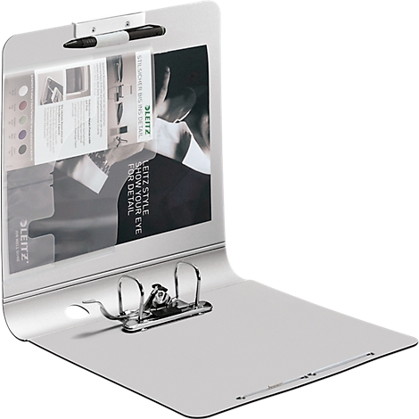 Open silver file folder with brochure, pen and rings, with the Leitz brand.