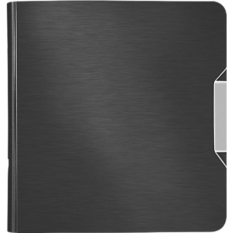 Black notebook with metal clasp. The surface is brushed.