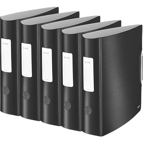 Five black file folders stand side by side. Each has a white label and a round opening.