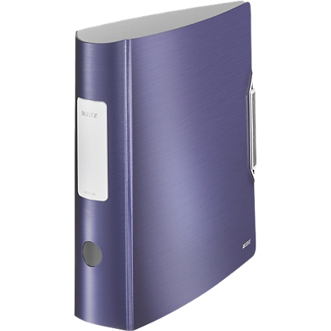 Blue binder with white label. A silver metal bracket on the side.