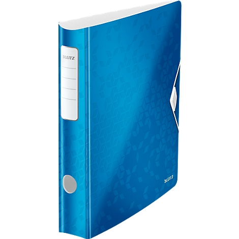 Blue Leitz binder with embossed floral pattern and white label. "LEITZ" is written on the spine.