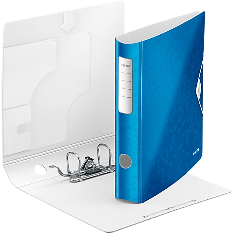 Blue file folder standing open. The inside is white with a pocket. The folder has a white label for labeling.