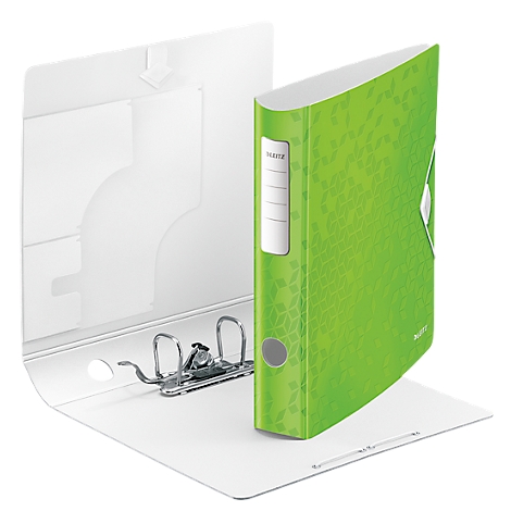 Folder with a light green cover, structured with leaves. Label with "Leitz". The folder is open, white inside.