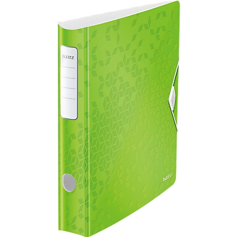 Green folder with geometric pattern, white label, clasp.
