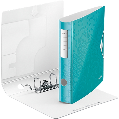 An open, turquoise folder with a white interior, dotted pattern, and metal mechanism.