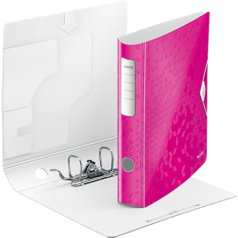 Pink patterned binder. The binder is open, showing the metal mechanism, white inside pages and an inner pocket.