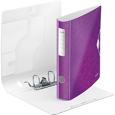Purple folder with leaf pattern, open, metal mechanism visible.