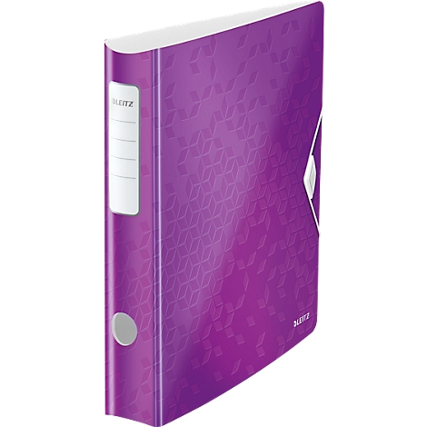 Purple binder with white label, LEITZ logo. Textured pattern. Silver clasp and eyelet.