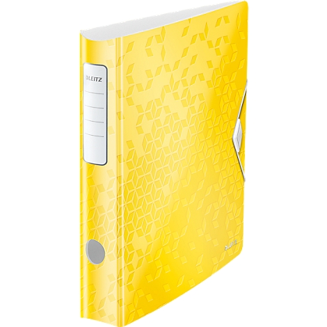 Yellow patterned file folder with a white label, „LEITZ“ is written on the label.