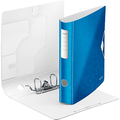 Blue file folder standing open. Interior with metal brackets and white pockets.