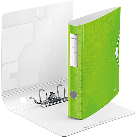 A green binder with white details. The binder is open, showing the inside, including a metal mechanism. The green part has a pattern.