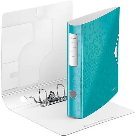 Turquoise binder, open, with white interior, floral pattern and LEITZ logo.
