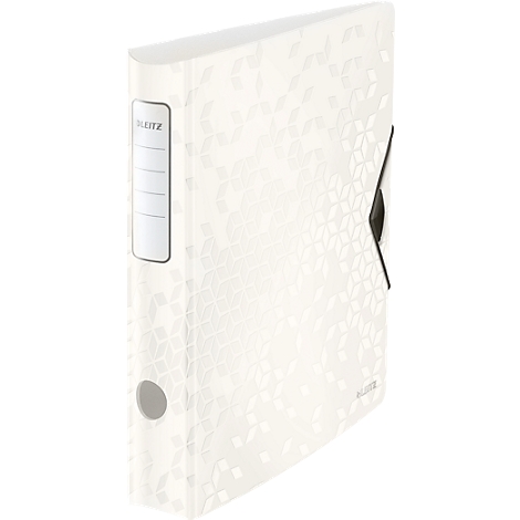 White Leitz binder with floral pattern, metal edge, label and hole.