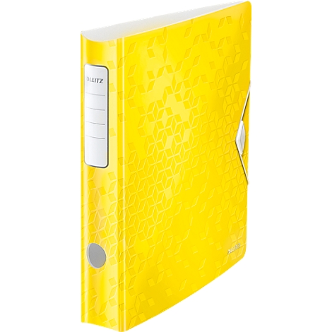 Yellow binder with floral pattern. "LEITZ" on the left. Gray-white closure.