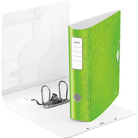 A green Leitz binder stands open on a white background. The binder is printed with leaves.