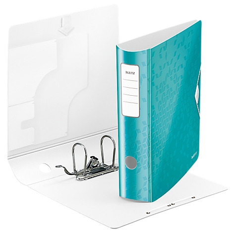 Turquoise blue binder with pattern, opened on white background. With label LEITZ, ring mechanism.