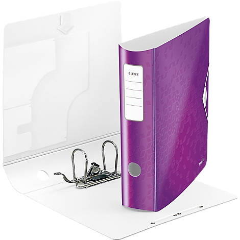 A purple patterned binder, open. A silver mechanism can be seen on the white binder.