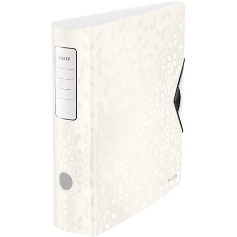 White file folder with floral pattern. The folder has a black clasp and a label that says "Leitz".