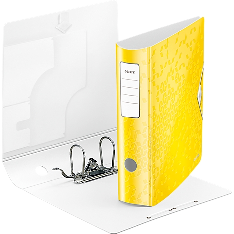 Yellow patterned binder, opened on white background. Metal mechanism and label. Bright.