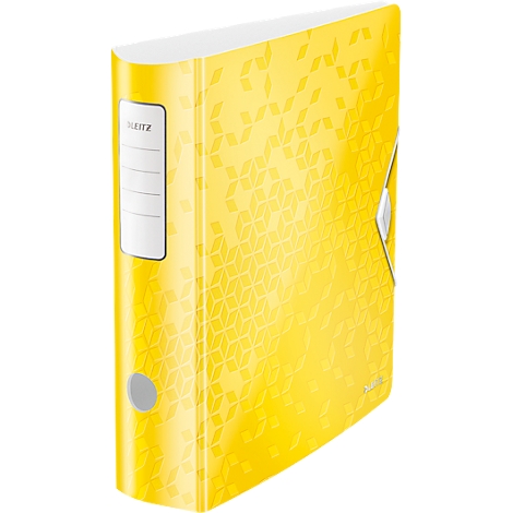 Yellow patterned binder. Print: Leitz. With silver rings.