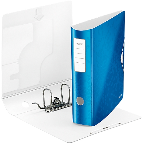 Blue binder with white spine and metal mechanism. Open, against a white background.